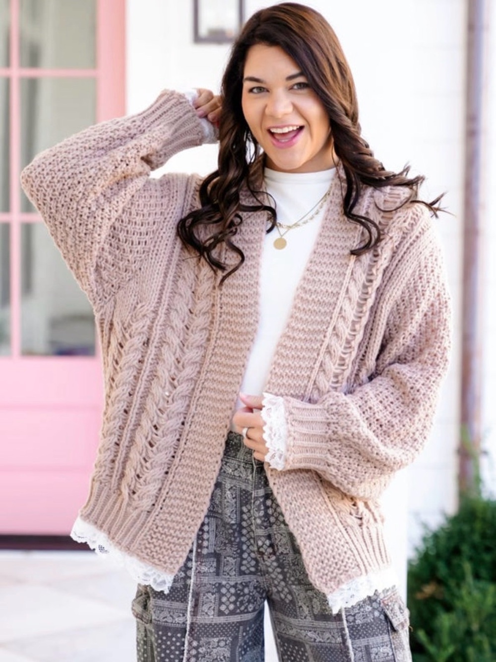 POL Lace-Trim Cable Knit Cardigan - Blush Pink